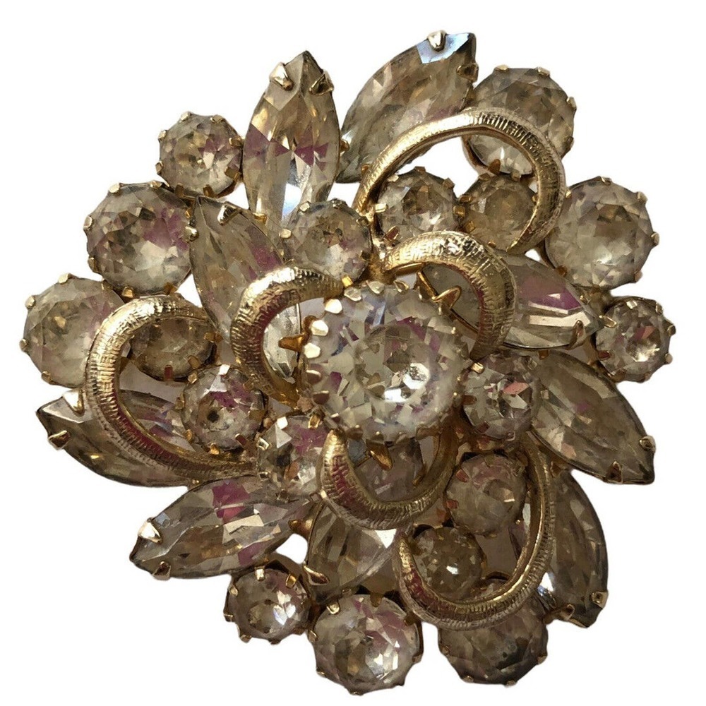 Kramer Clear Prong Set Gold Swirl Signed Rhinestone Crystal Pin Brooch Triangle - Picture 1 of 6